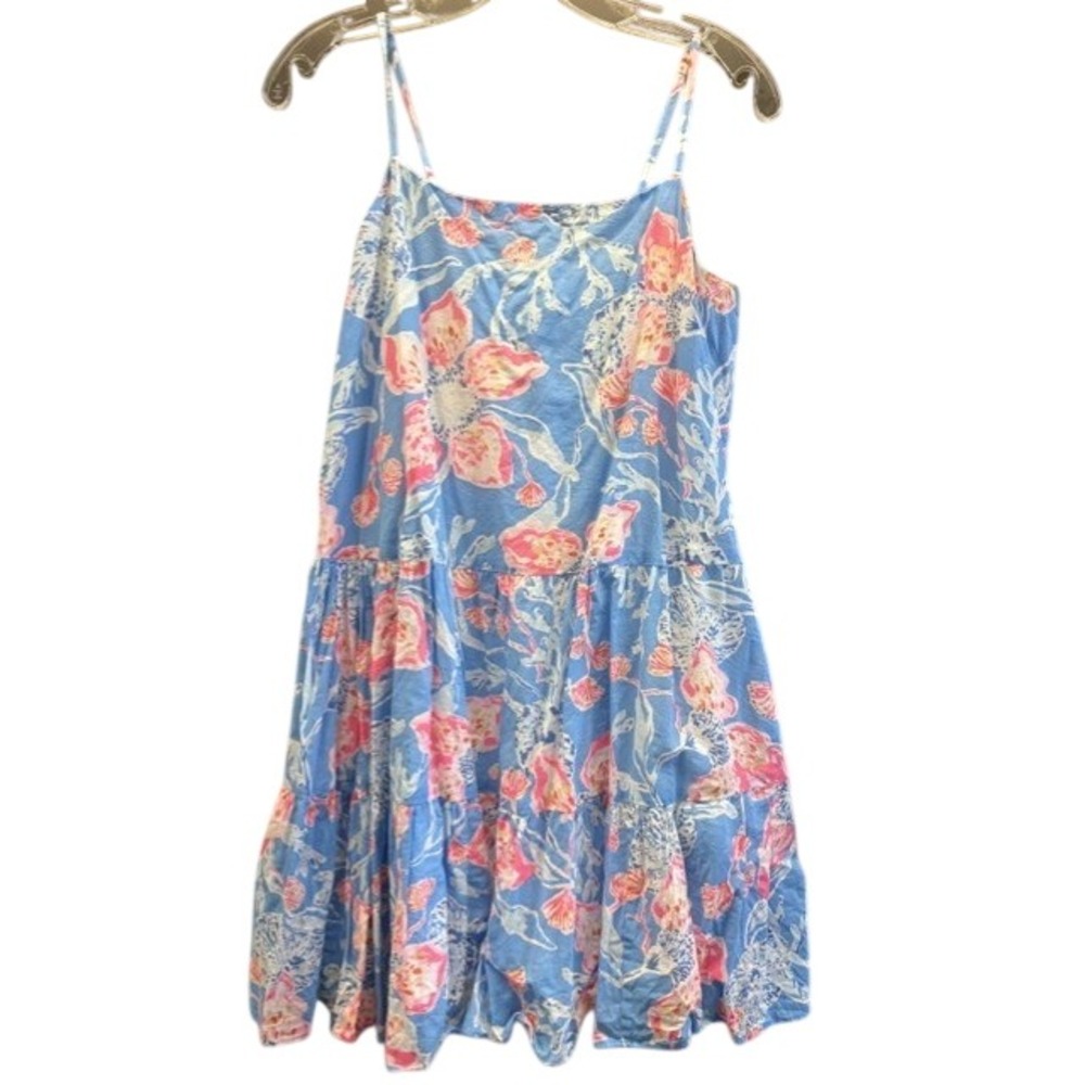 Lilly Pulitzer Blue Floral Coral Tiered Mini Dress Womens Size M Spaghetti Strap